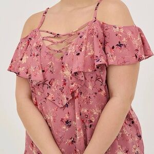 Torrid Pink Floral Ruffle Cold Shoulder Blouse